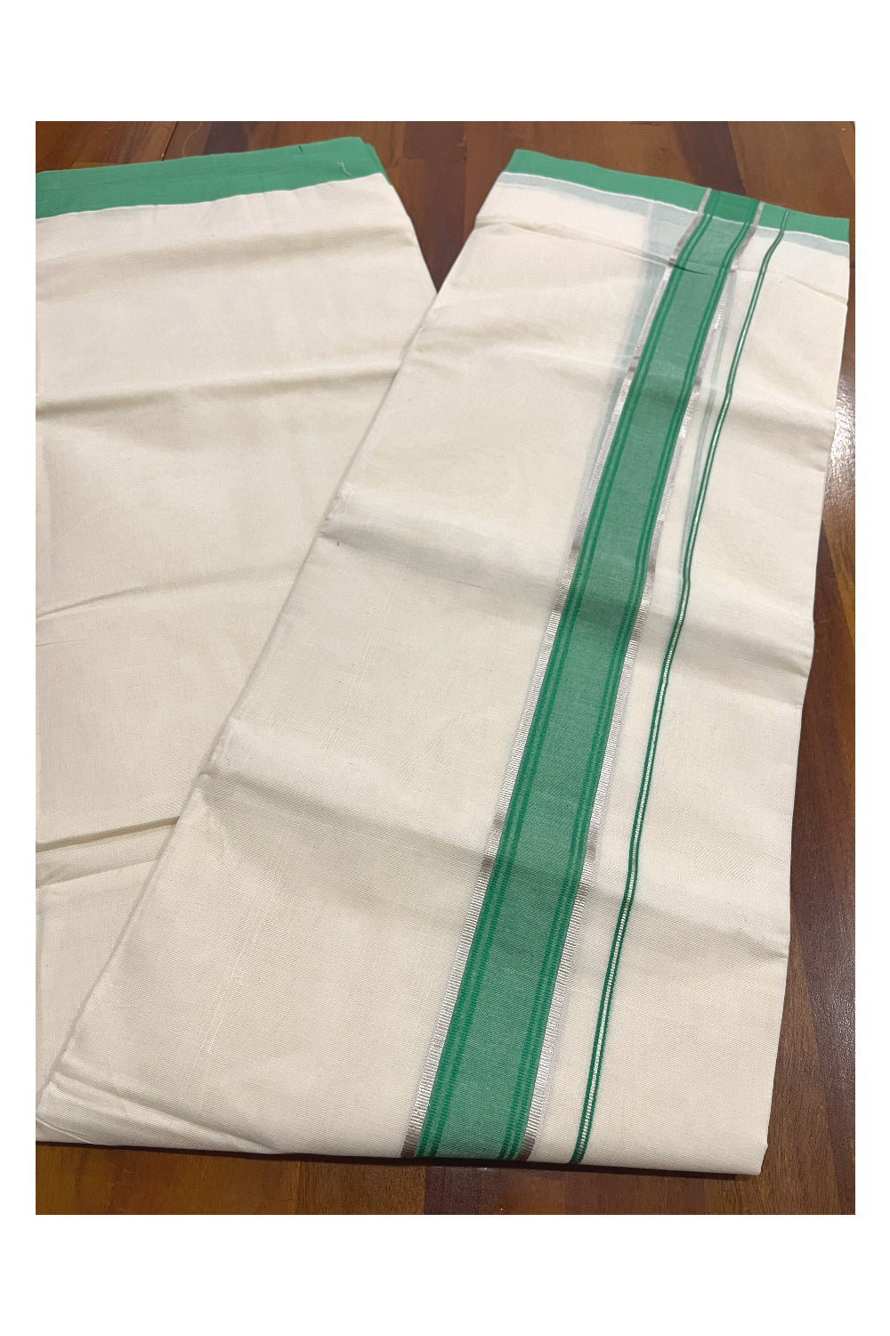Pure Cotton Kerala Double Mundu with Green and Silver Kasavu Kara (South Indian Kerala Dhoti)