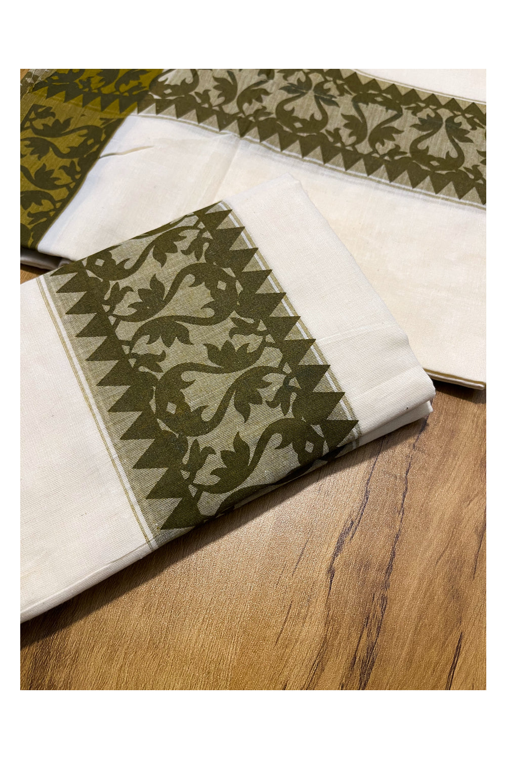Kerala Cotton Single Set Mundu (Mundum Neriyathum) with Green Temple Block printed Border