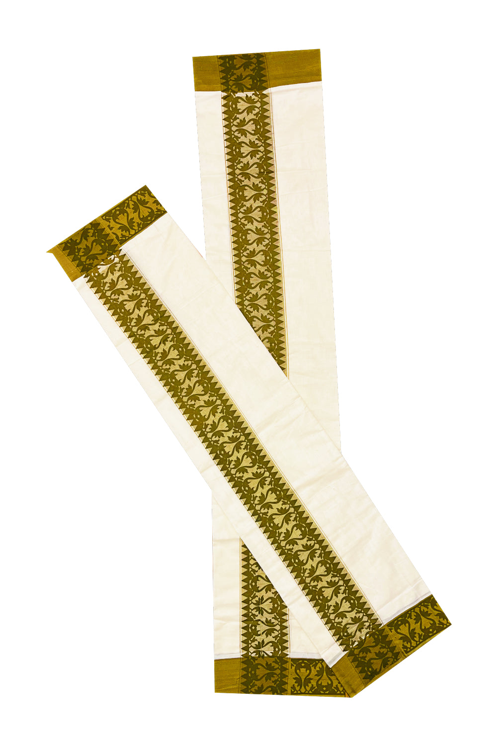 Kerala Cotton Single Set Mundu (Mundum Neriyathum) with Green Temple Block printed Border