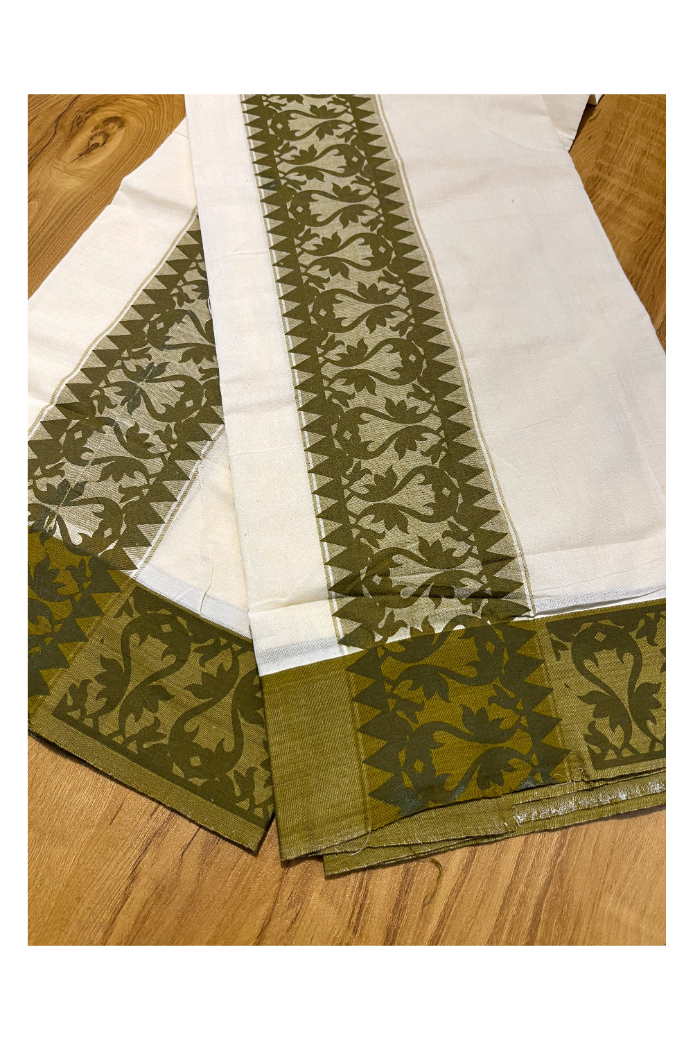 Kerala Cotton Single Set Mundu (Mundum Neriyathum) with Green Temple Block printed Border
