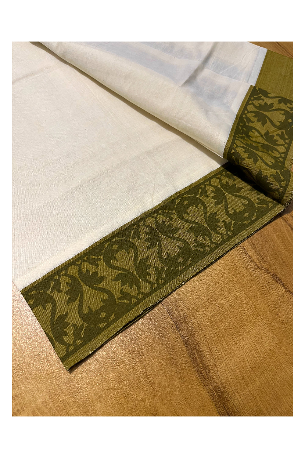 Kerala Cotton Single Set Mundu (Mundum Neriyathum) with Green Temple Block printed Border