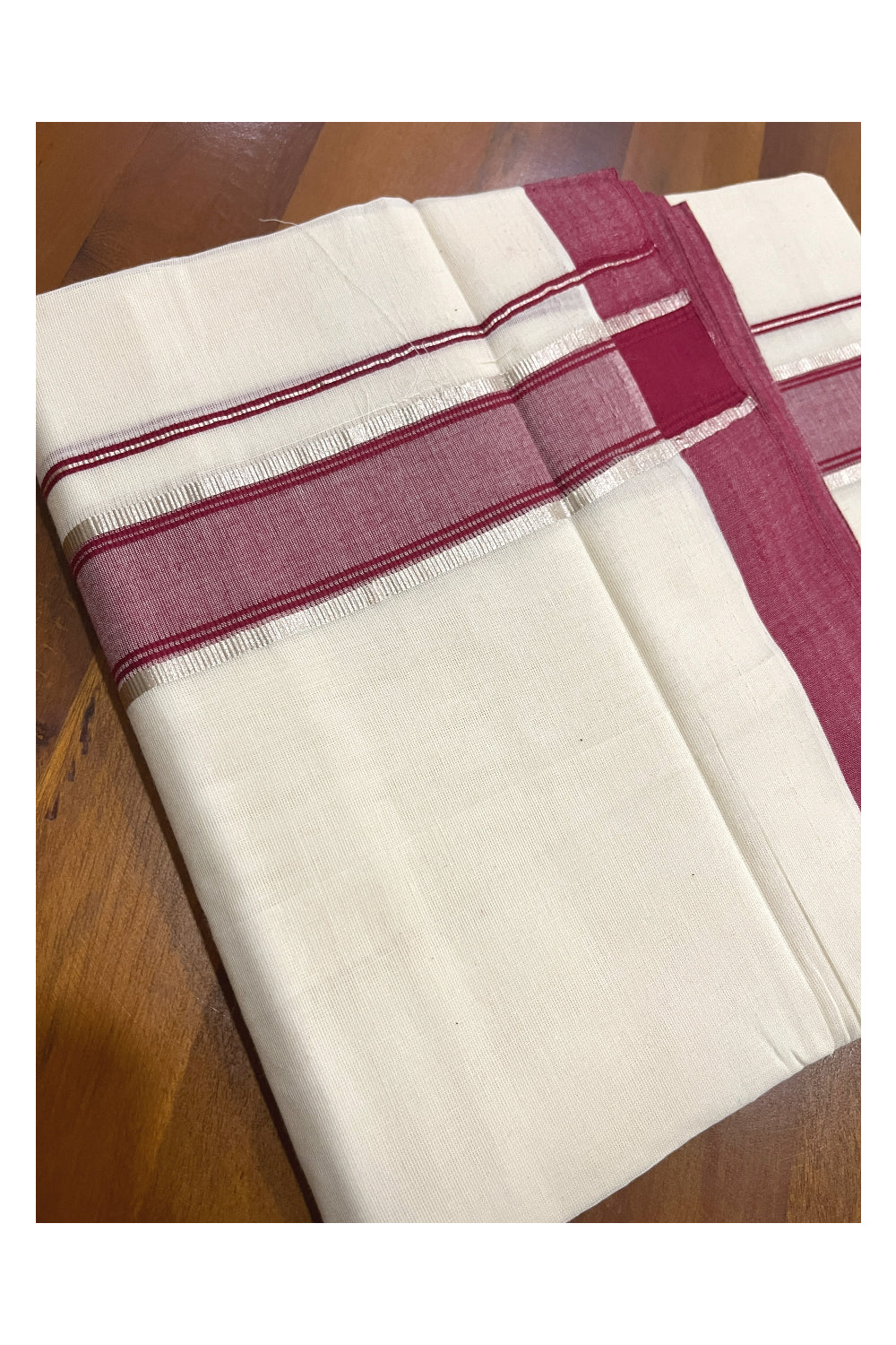 Pure Cotton Kerala Double Mundu with Maroon and Silver Kasavu Kara (South Indian Kerala Dhoti)