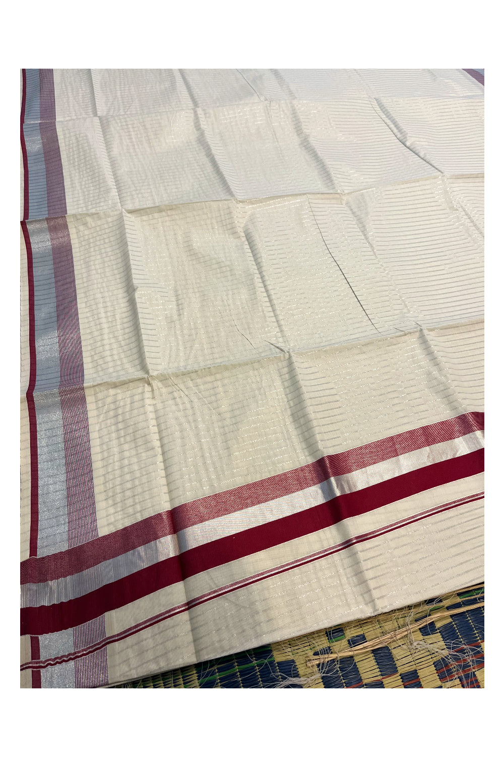 Pure Cotton Kerala Silver Kasavu Lines Saree with 3 inch Maroon and Silver Border