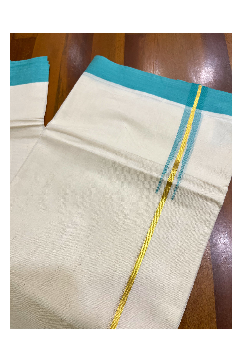 Kerala Pure Cotton Double Mundu with Kasavu Green Chutti Kara (South Indian Kerala Dhoti)