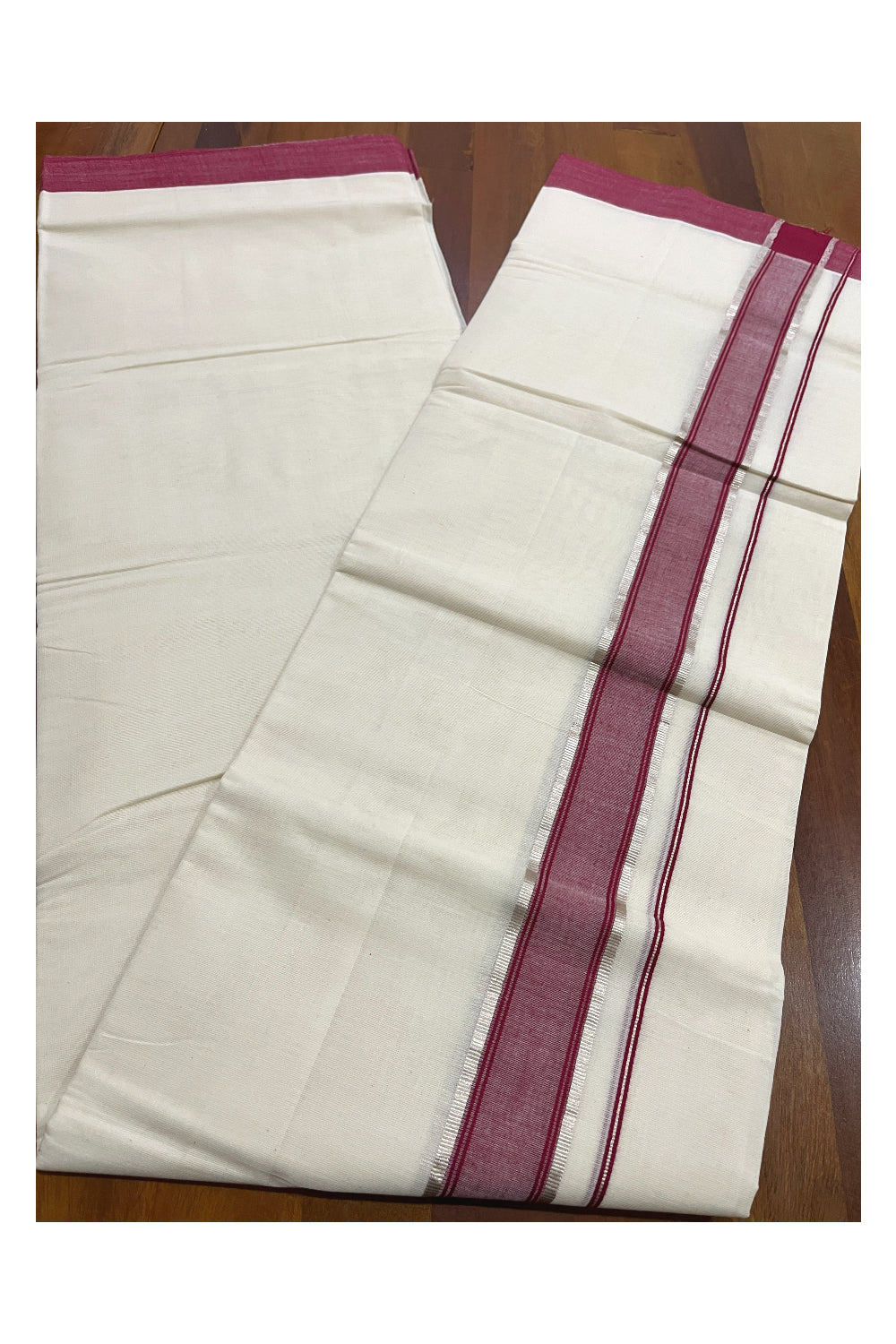Pure Cotton Kerala Double Mundu with Maroon and Silver Kasavu Kara (South Indian Kerala Dhoti)