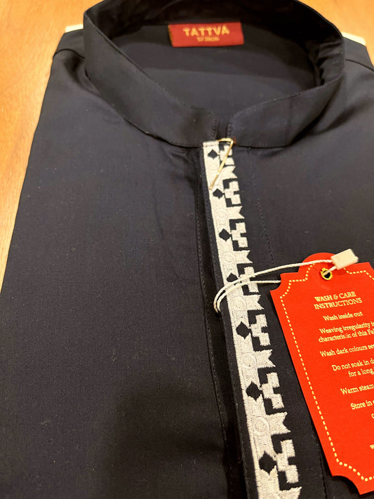 Southloom Navy Blue Solid Semi Silk Short Kurta for Men