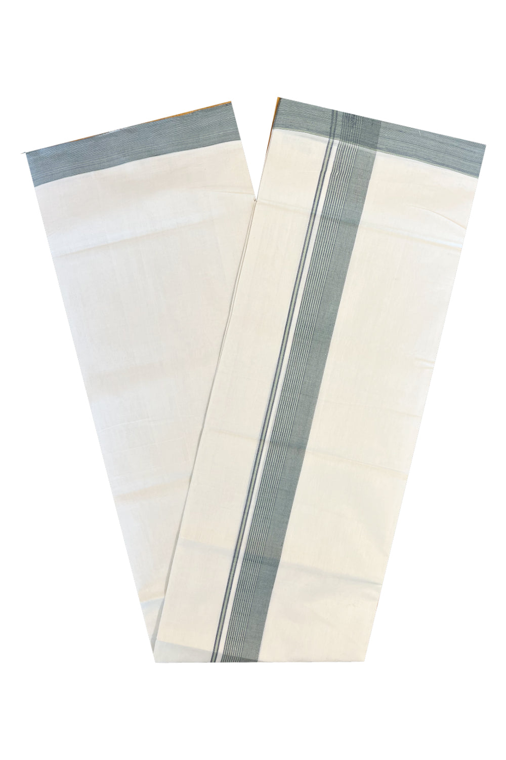 Southloom Premium Handloom Cotton Double Mundu with Greyish Green Lines Border