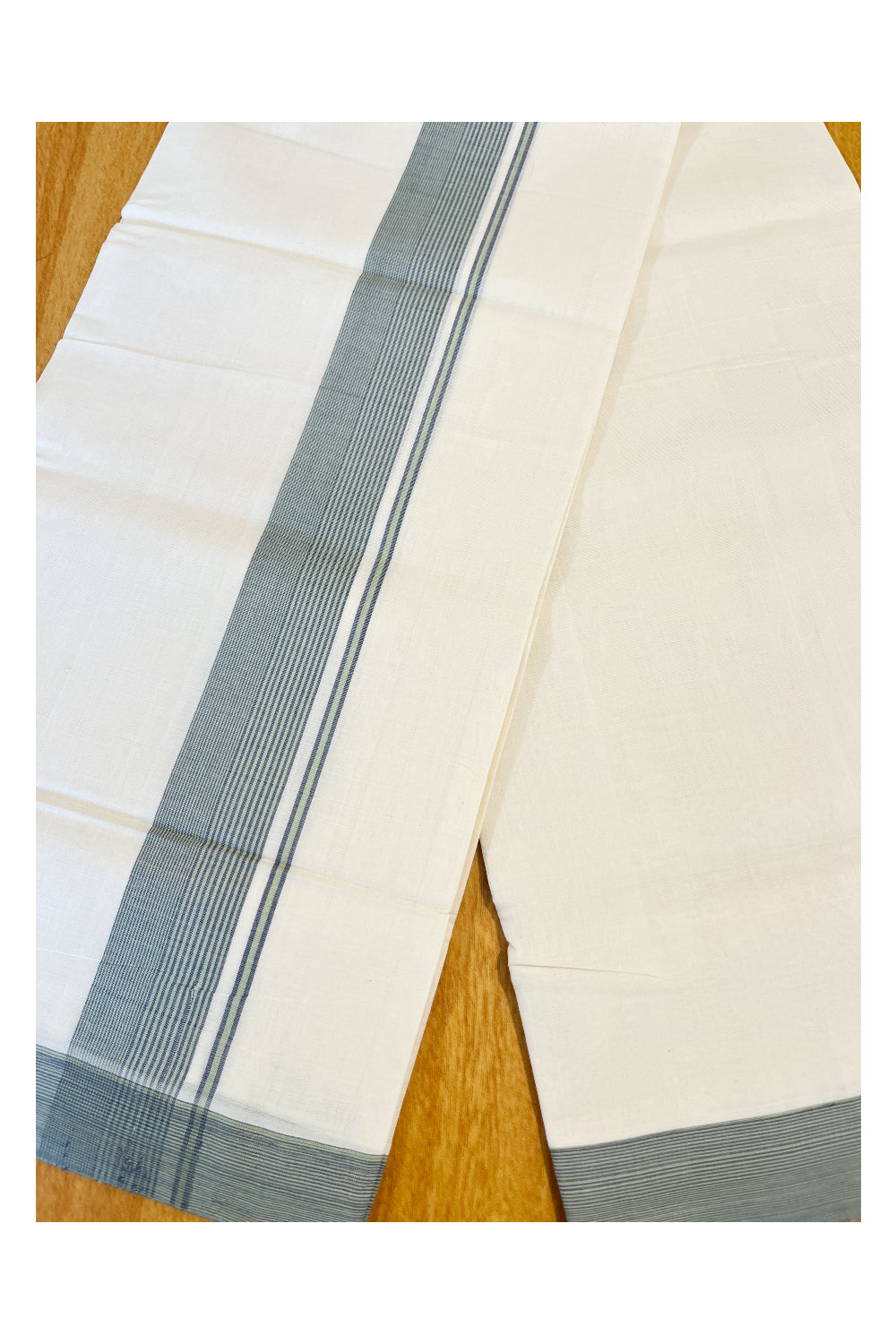 Southloom Premium Handloom Cotton Double Mundu with Greyish Green Lines Border