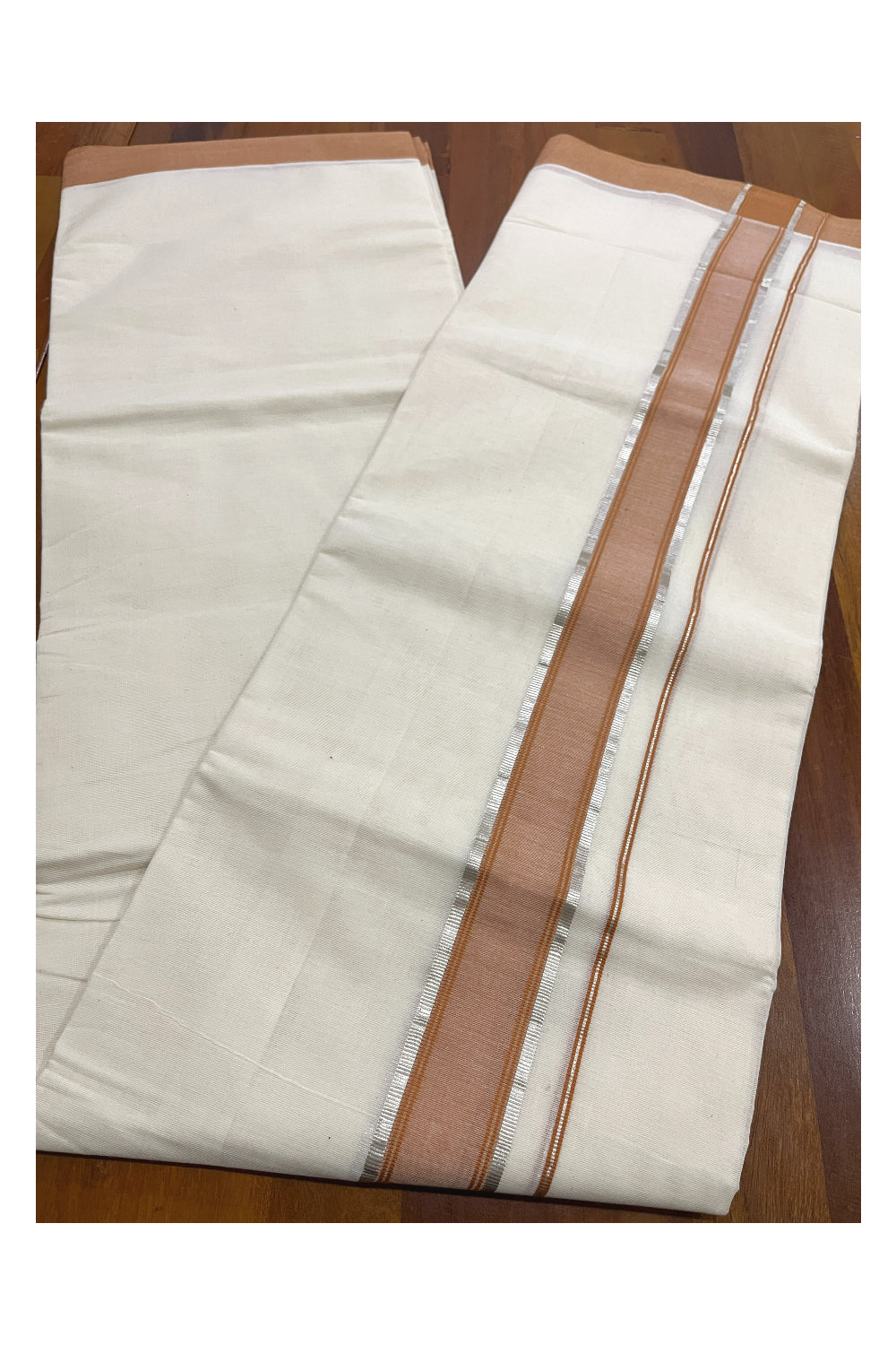 Pure Cotton Kerala Double Mundu with Brown and Silver Kasavu Kara (South Indian Kerala Dhoti)