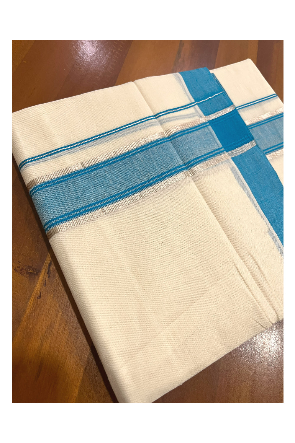 Pure Cotton Kerala Double Mundu with Blue and Silver Kasavu Kara (South Indian Kerala Dhoti)
