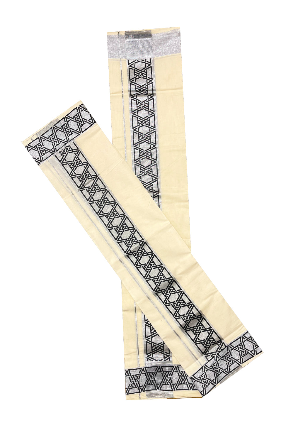 Kerala Pure Cotton Set Mundu Single (Mundum Neriyathum) with Black Block Prints on Silver Kasavu Border
