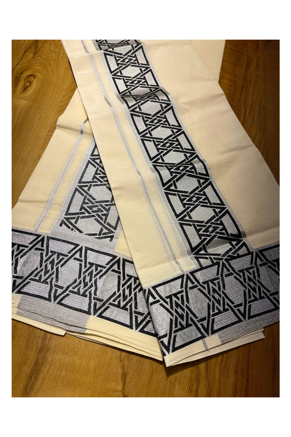 Kerala Pure Cotton Set Mundu Single (Mundum Neriyathum) with Black Block Prints on Silver Kasavu Border