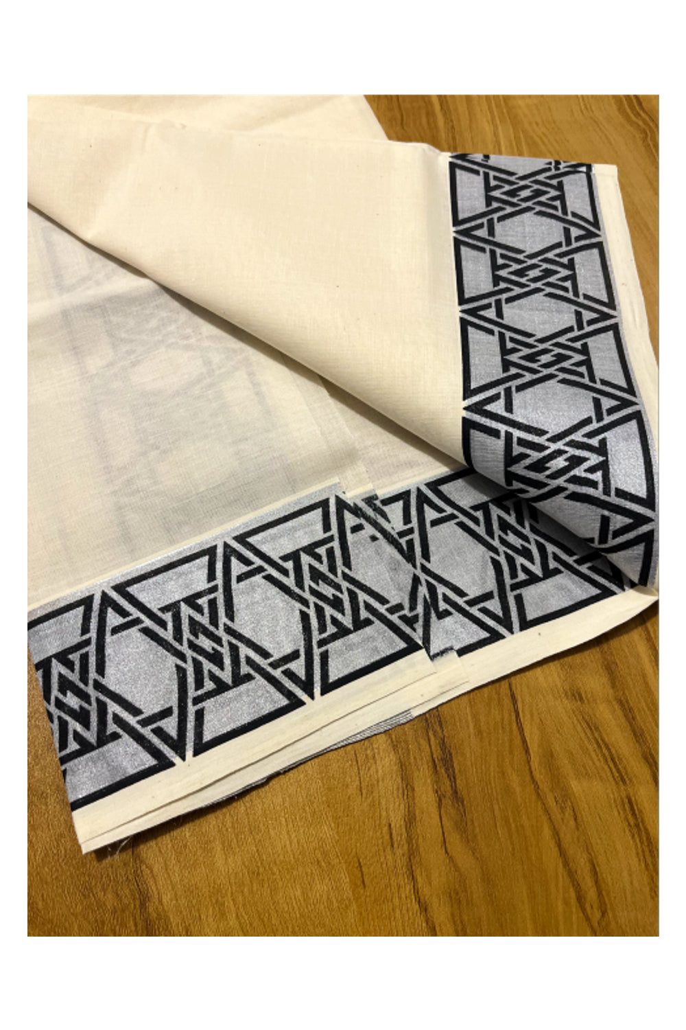 Kerala Pure Cotton Set Mundu Single (Mundum Neriyathum) with Black Block Prints on Silver Kasavu Border