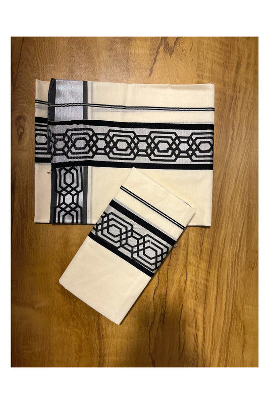Kerala Pure Cotton Set Mundu Single (Mundum Neriyathum) with Black Block Prints on Silver Kasavu Border in 2.80 Mtrs