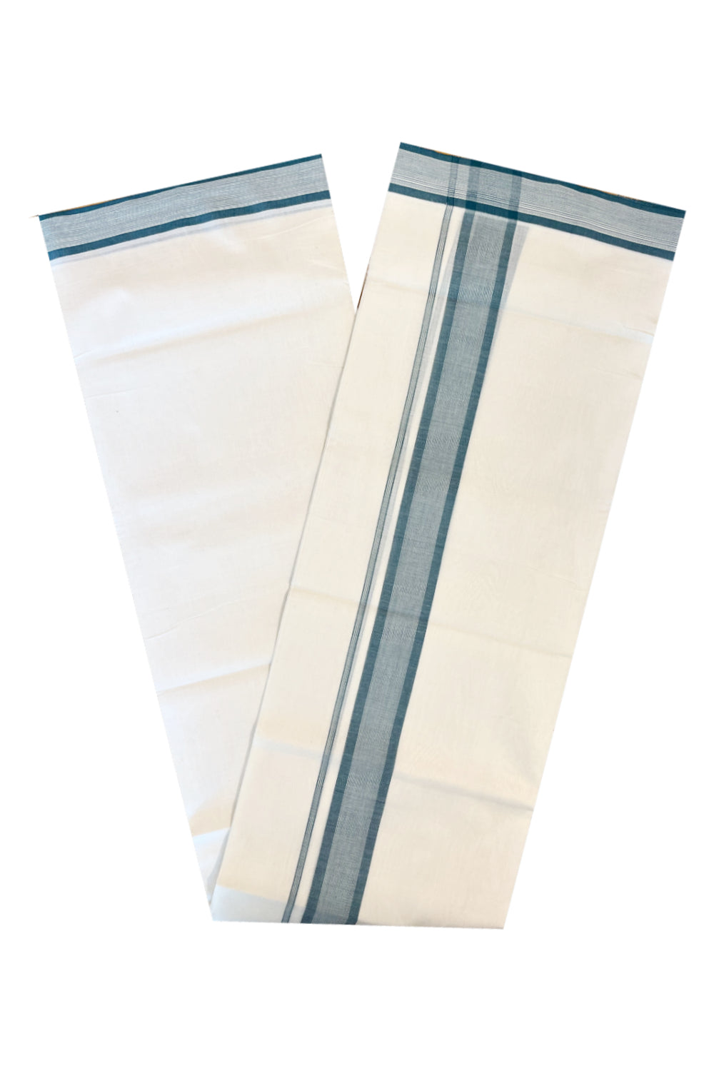 Southloom Premium Handloom Cotton Double Mundu with Green Lines Border
