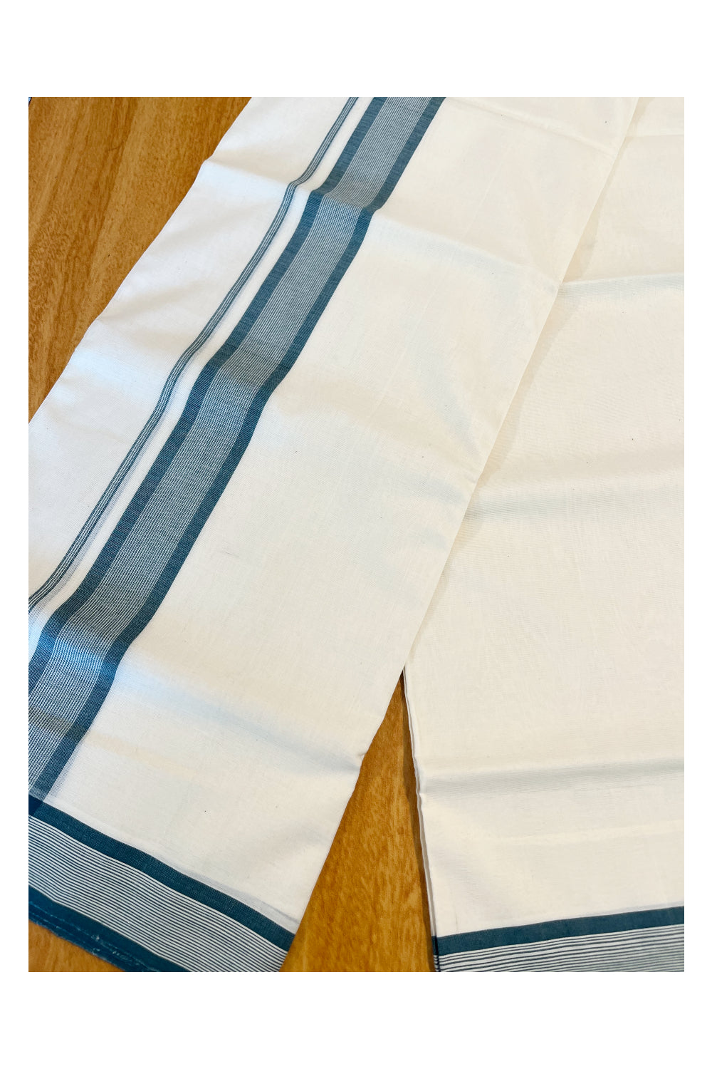 Southloom Premium Handloom Cotton Double Mundu with Green Lines Border