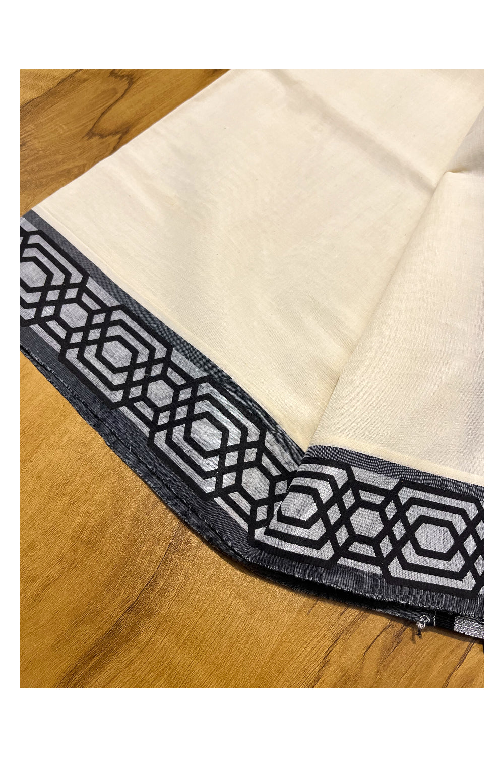Kerala Pure Cotton Set Mundu Single (Mundum Neriyathum) with Black Block Prints on Silver Kasavu Border in 2.80 Mtrs