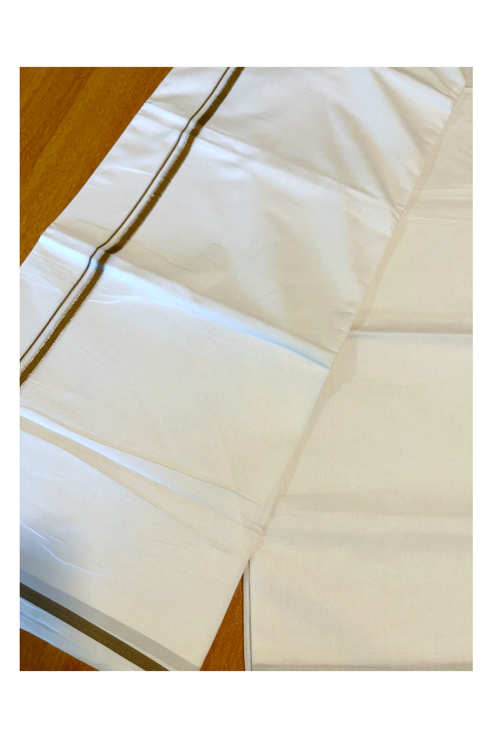 Pure White Cotton Double Mundu with Silver Olive Green Kara (South Indian Dhoti)