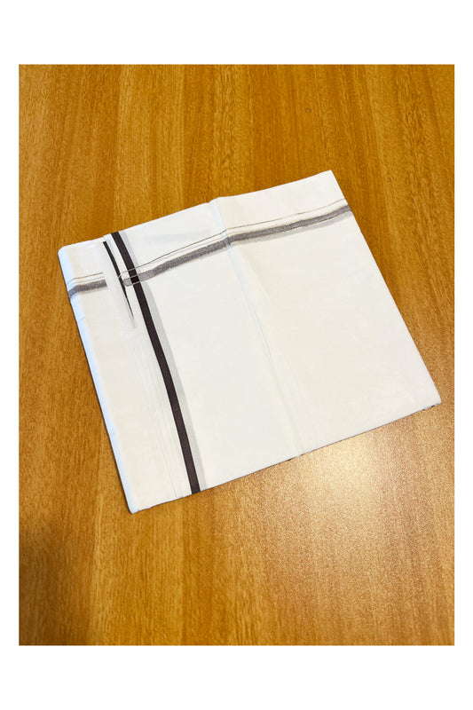 Pure White Cotton Double Mundu with Silver Brown Kara (South Indian Dhoti)