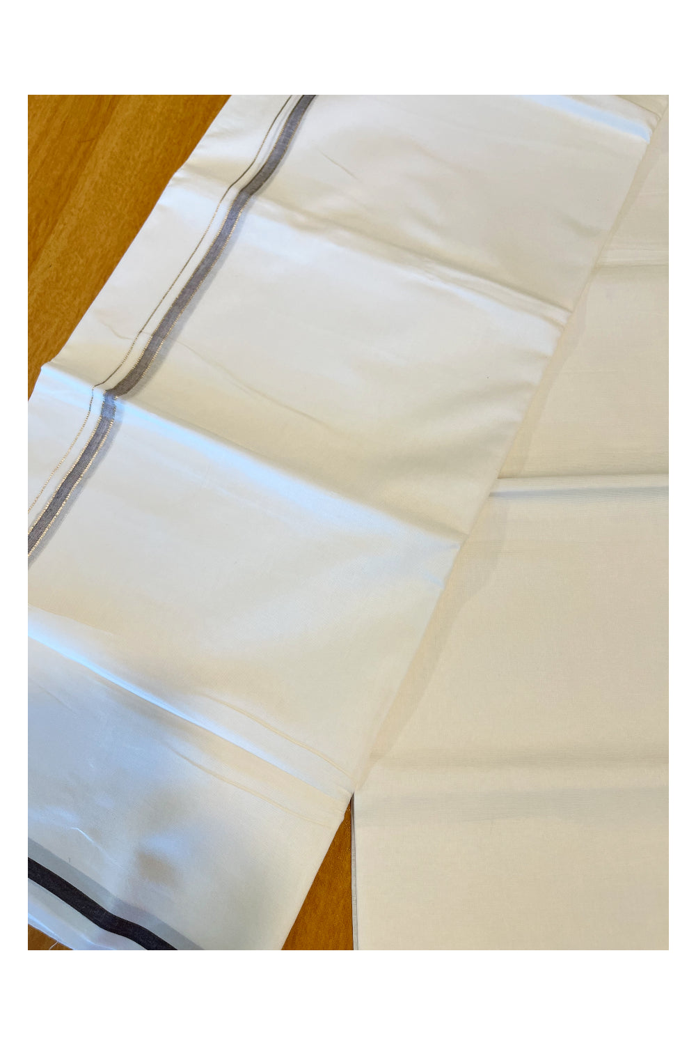 Pure White Cotton Double Mundu with Silver Brown Kara (South Indian Dhoti)