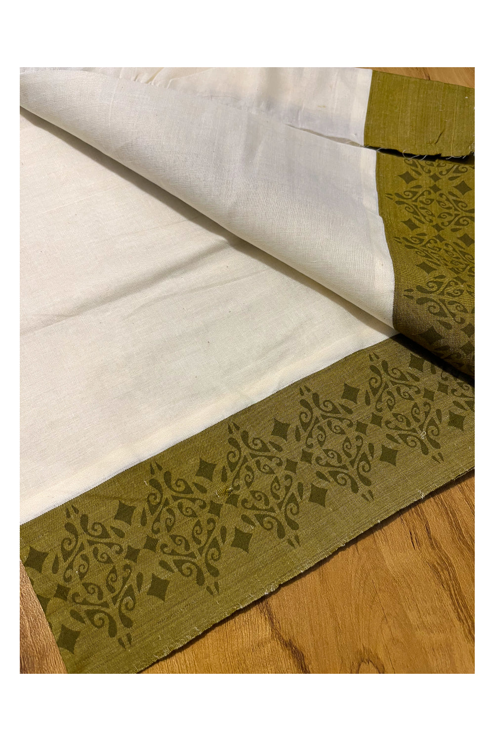 Kerala Cotton Single Set Mundu (Mundum Neriyathum) with Green Temple Block printed Border