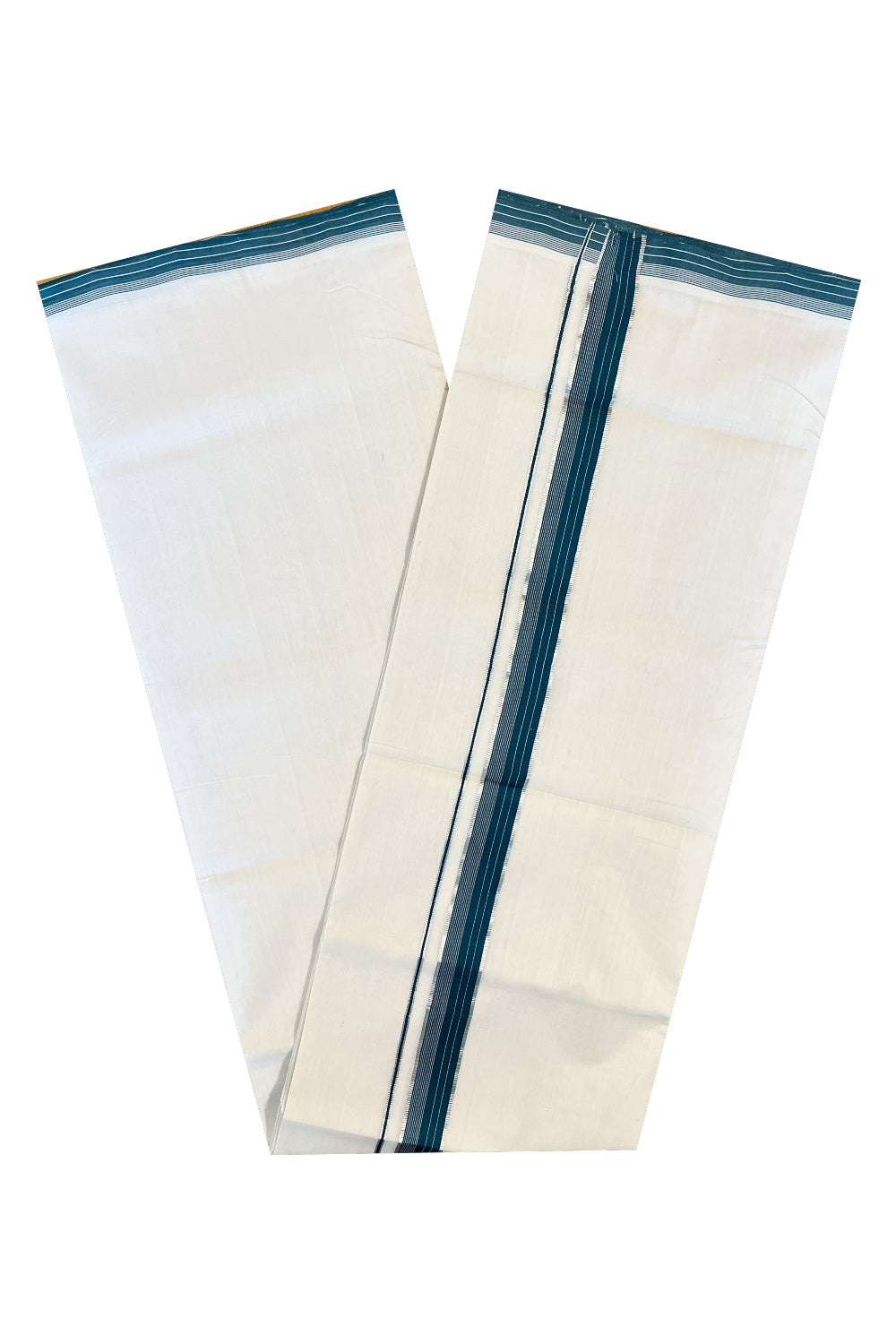 Southloom Premium Handloom Cotton Double Mundu with Silver kasavu And Green Lines Border