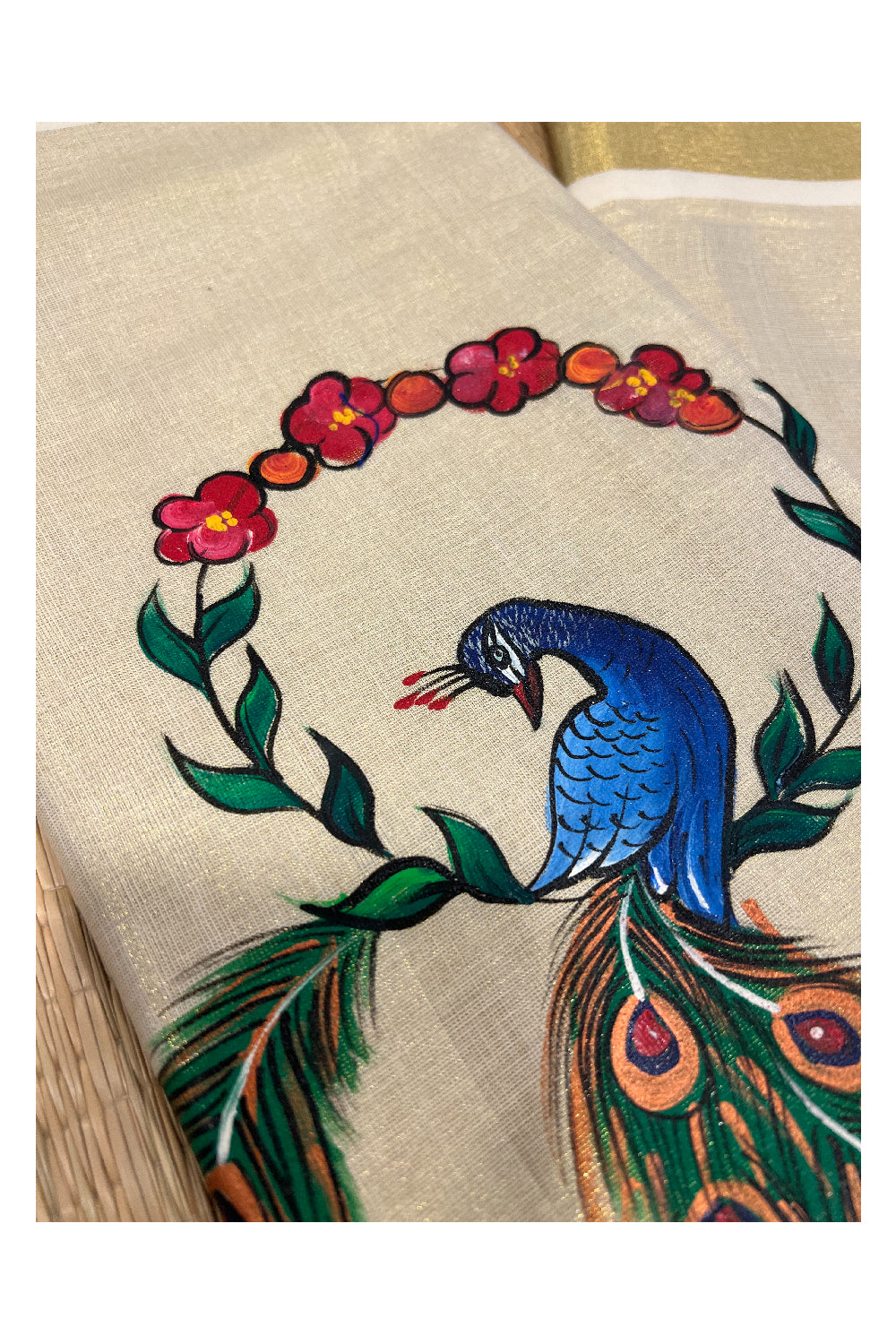 Kerala Tissue Churidar Salwar Material with Mural Peacock Painted Design (include Shawl / Dupatta)