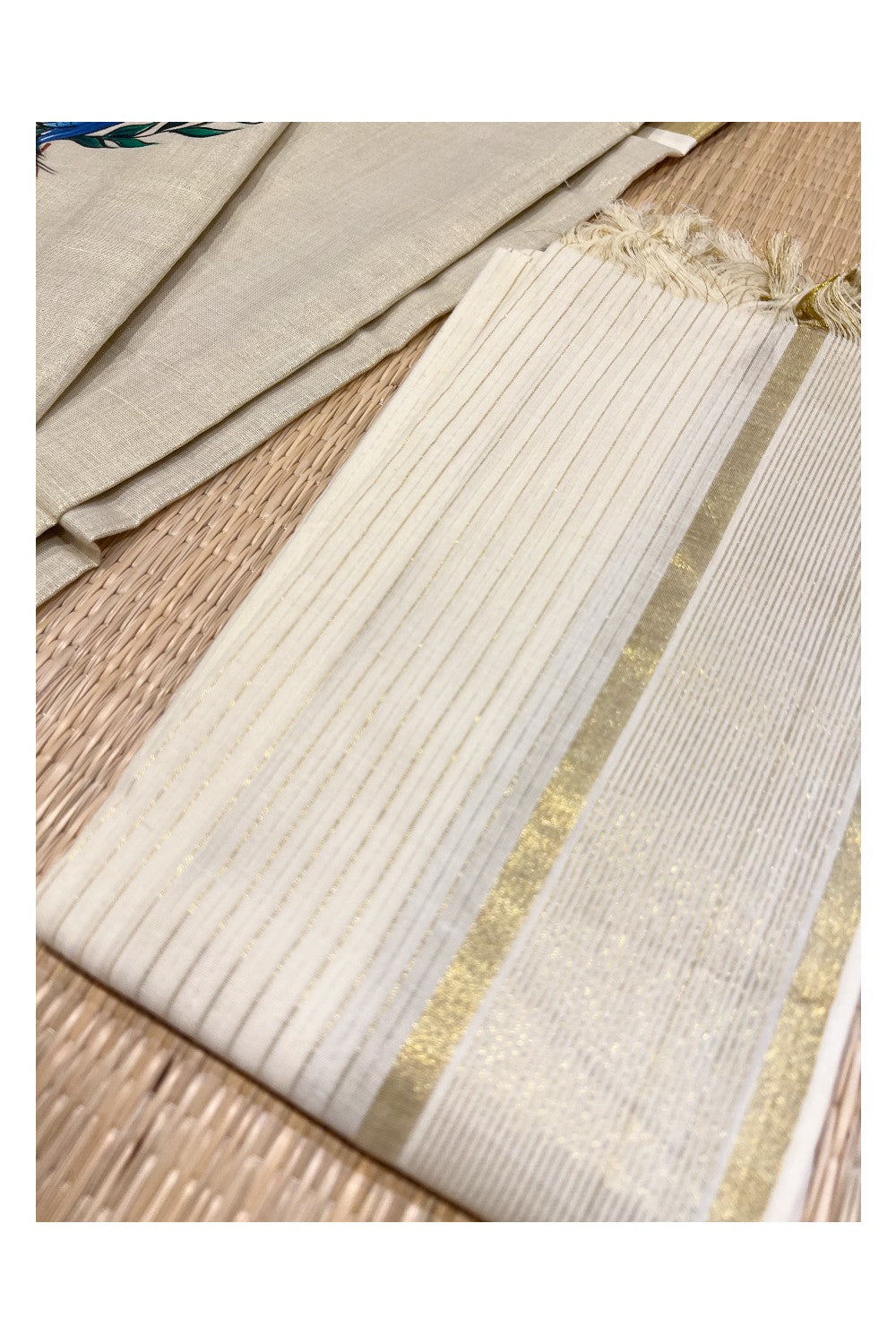 Kerala Tissue Churidar Salwar Material with Mural Peacock Painted Design (include Shawl / Dupatta)