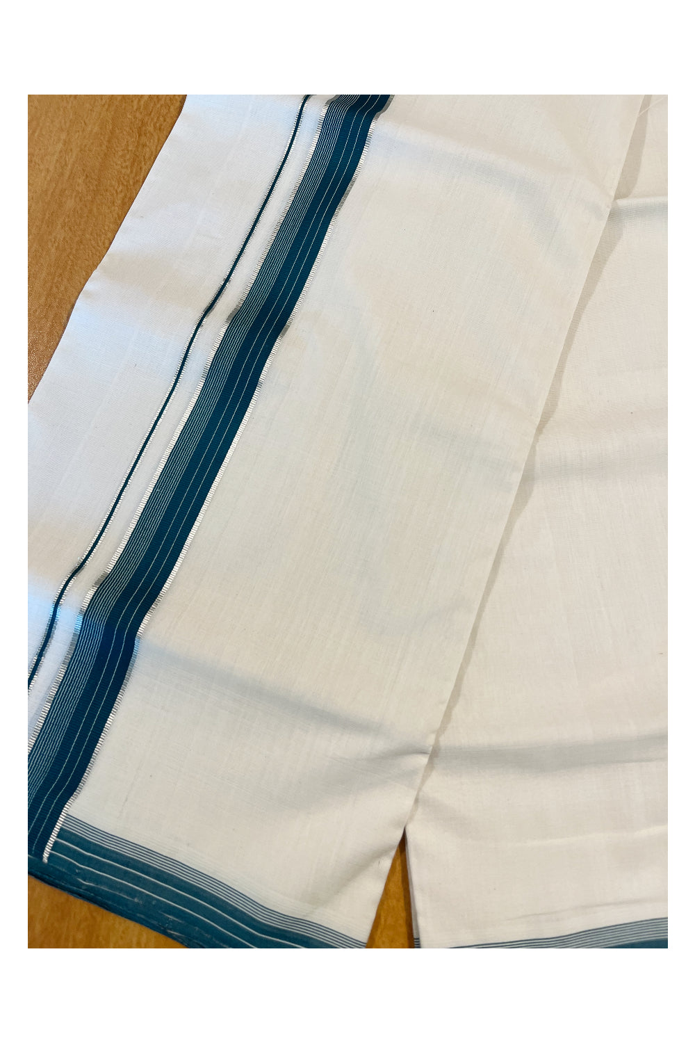 Southloom Premium Handloom Cotton Double Mundu with Silver kasavu And Green Lines Border