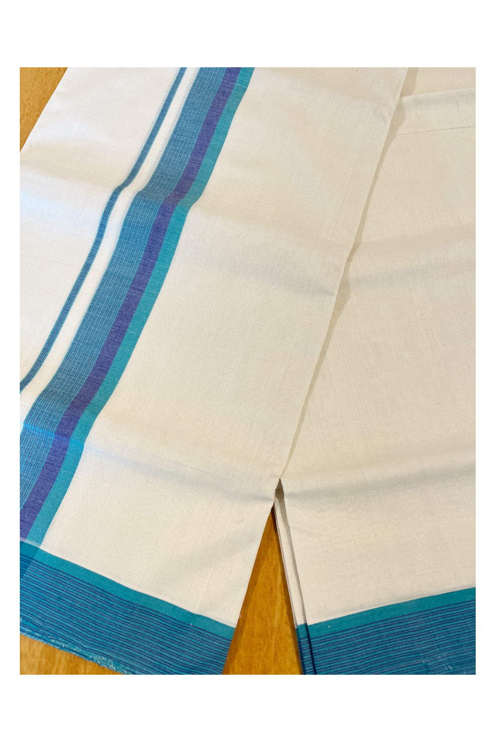 Southloom Premium Handloom Cotton Double Mundu with Violet And Green Border