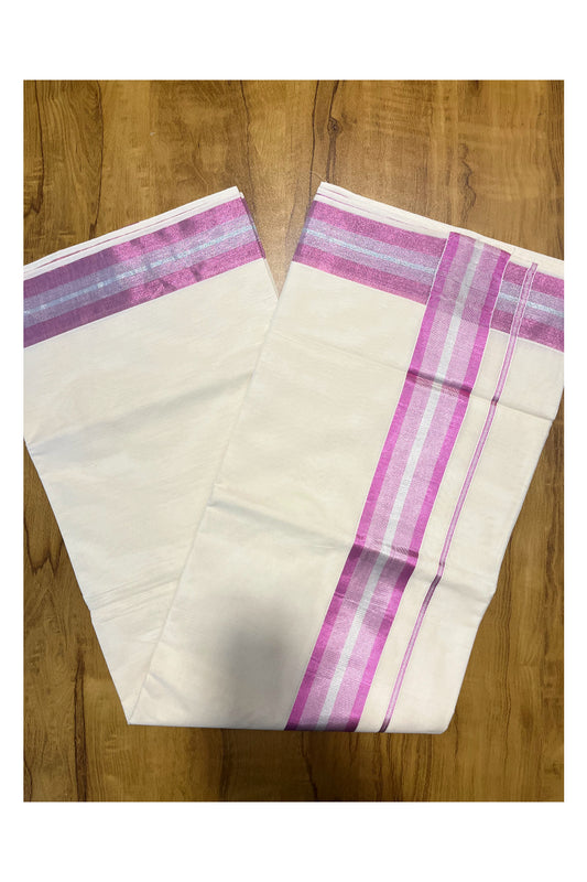 Kerala Pure Cotton Plain Saree with Silver Kasavu and Magenta Border