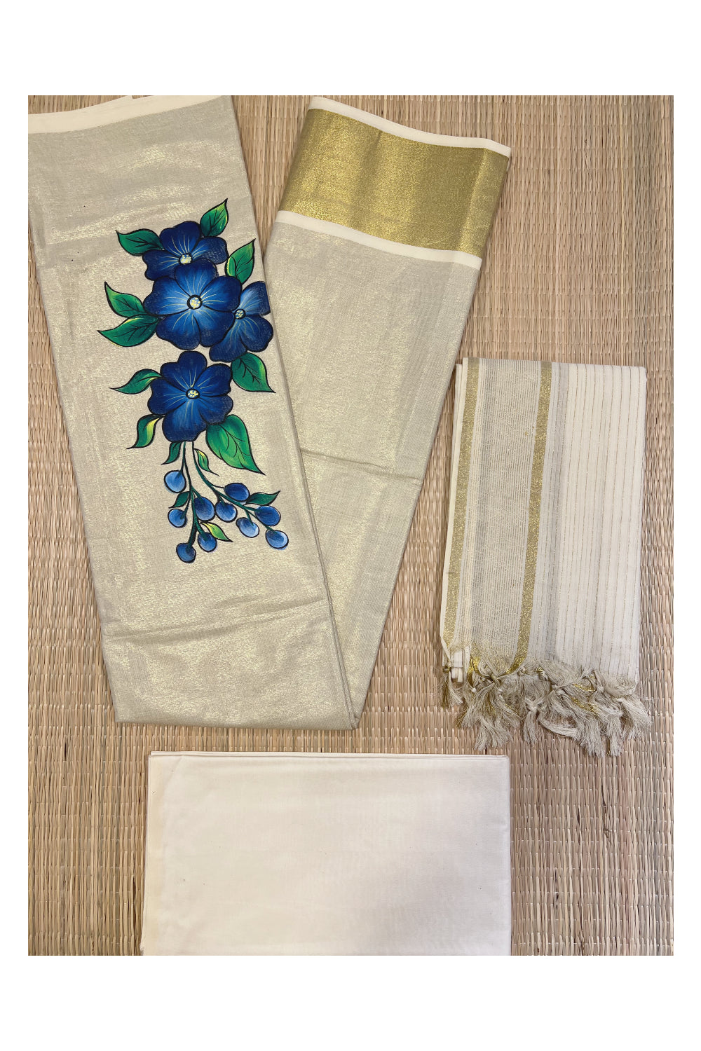 Kerala Tissue Churidar Salwar Material with Floral Painted Design (include Shawl / Dupatta)