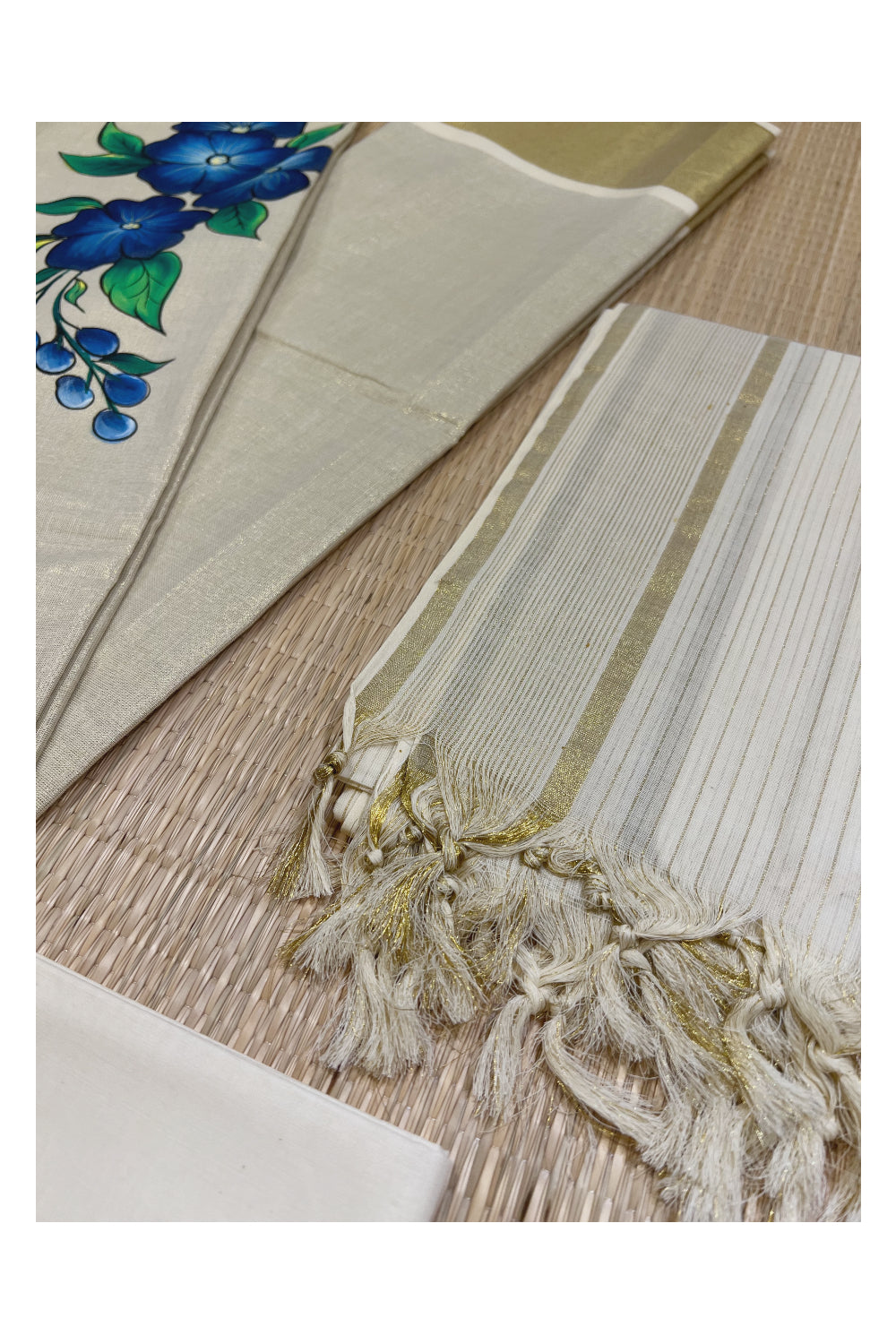 Kerala Tissue Churidar Salwar Material with Floral Painted Design (include Shawl / Dupatta)