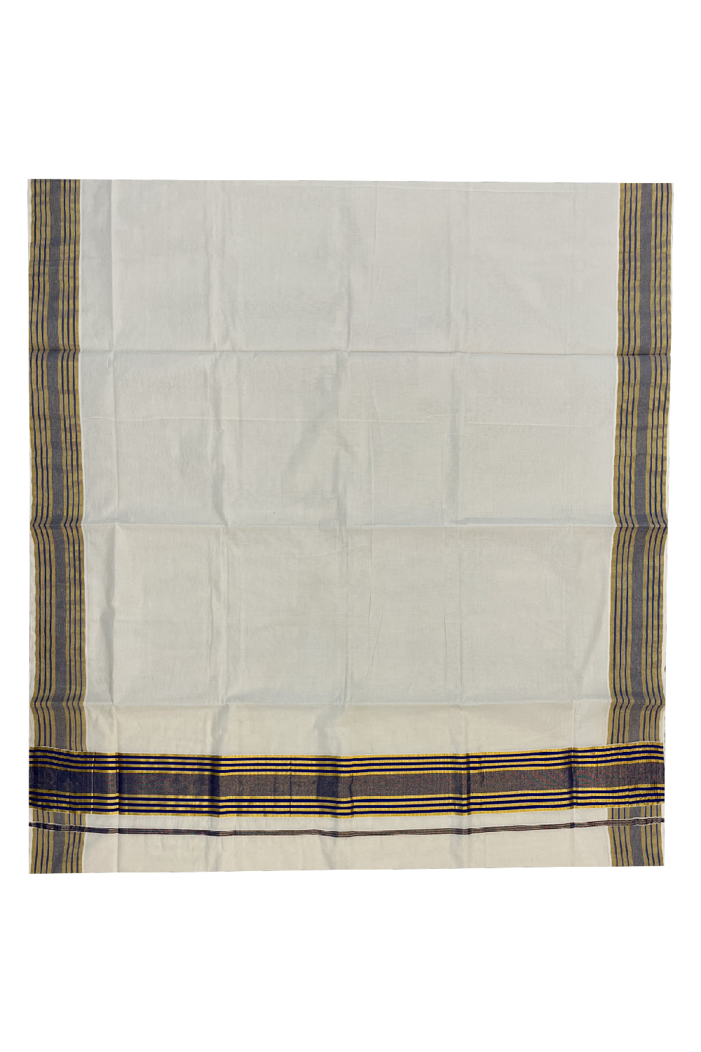 Pure Cotton Kerala Saree with Dark Blue and Kasavu Lines Border and Pallu