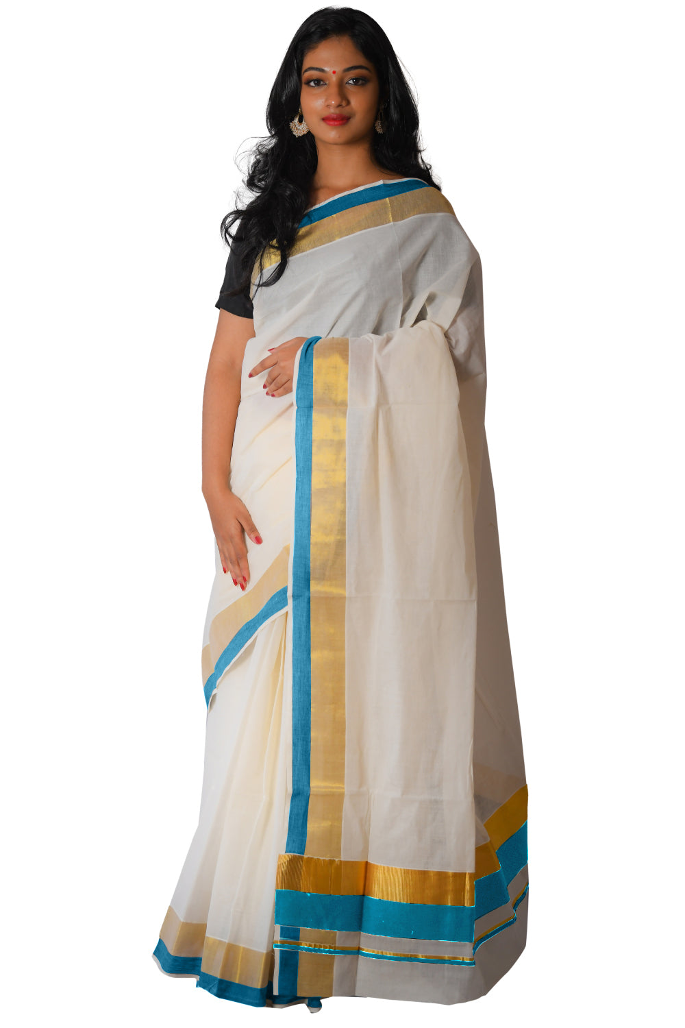 White Saree With Sky Blue Border Shop Clearance