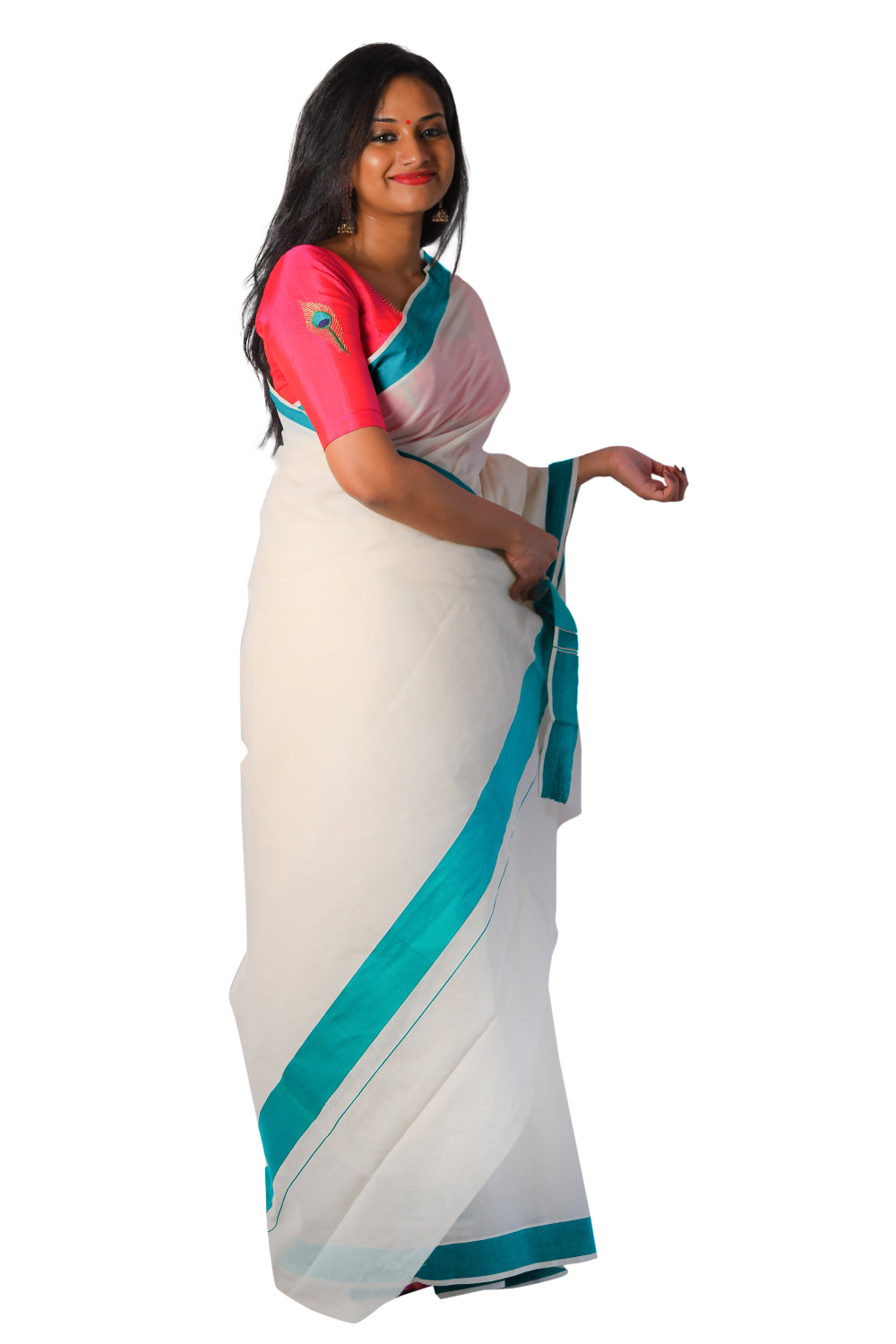 Southloom Pure Cotton Kerala Saree with Turquoise Plain Border