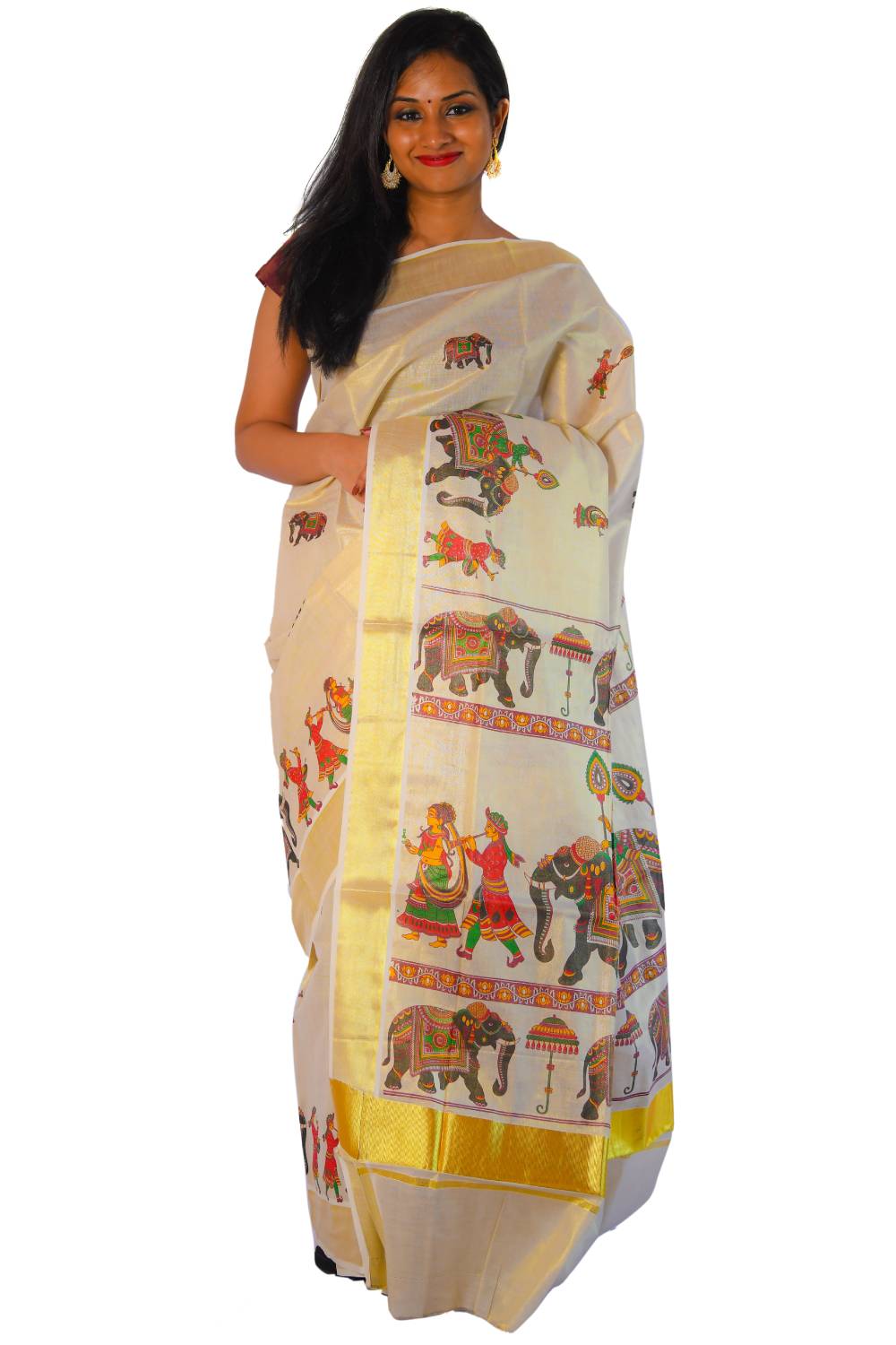 Kerala Tissue Kasavu Saree With Mural Festival Parasol and Elephant Design