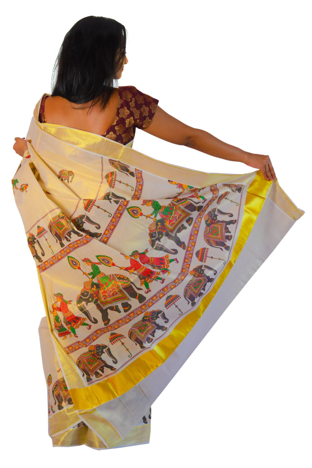 Kerala Tissue Kasavu Saree With Mural Festival Parasol and Elephant Design
