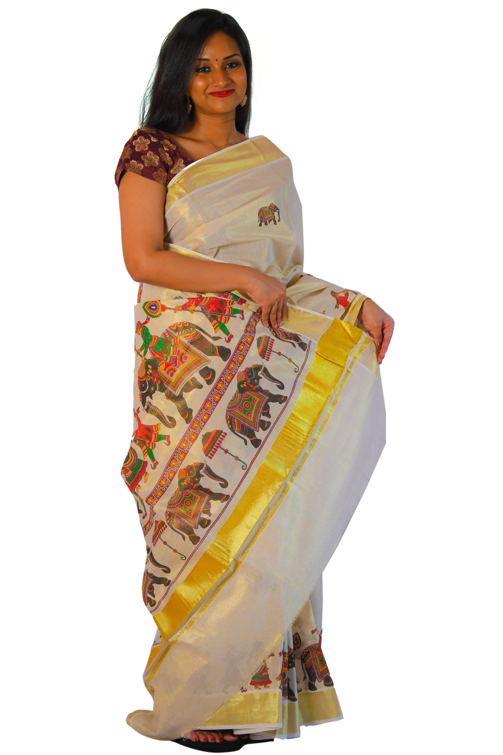Kerala Tissue Kasavu Saree With Mural Festival Parasol and Elephant Design