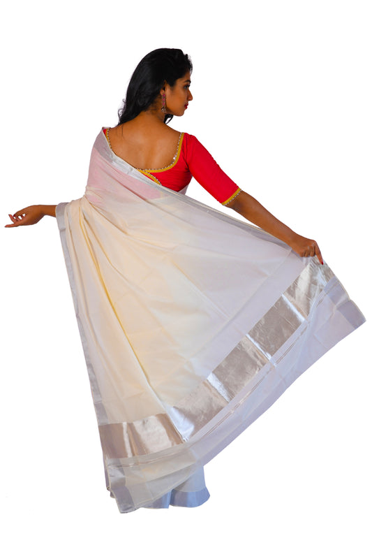 Kerala Plain Cotton Silver Kasavu 5 Inch Saree