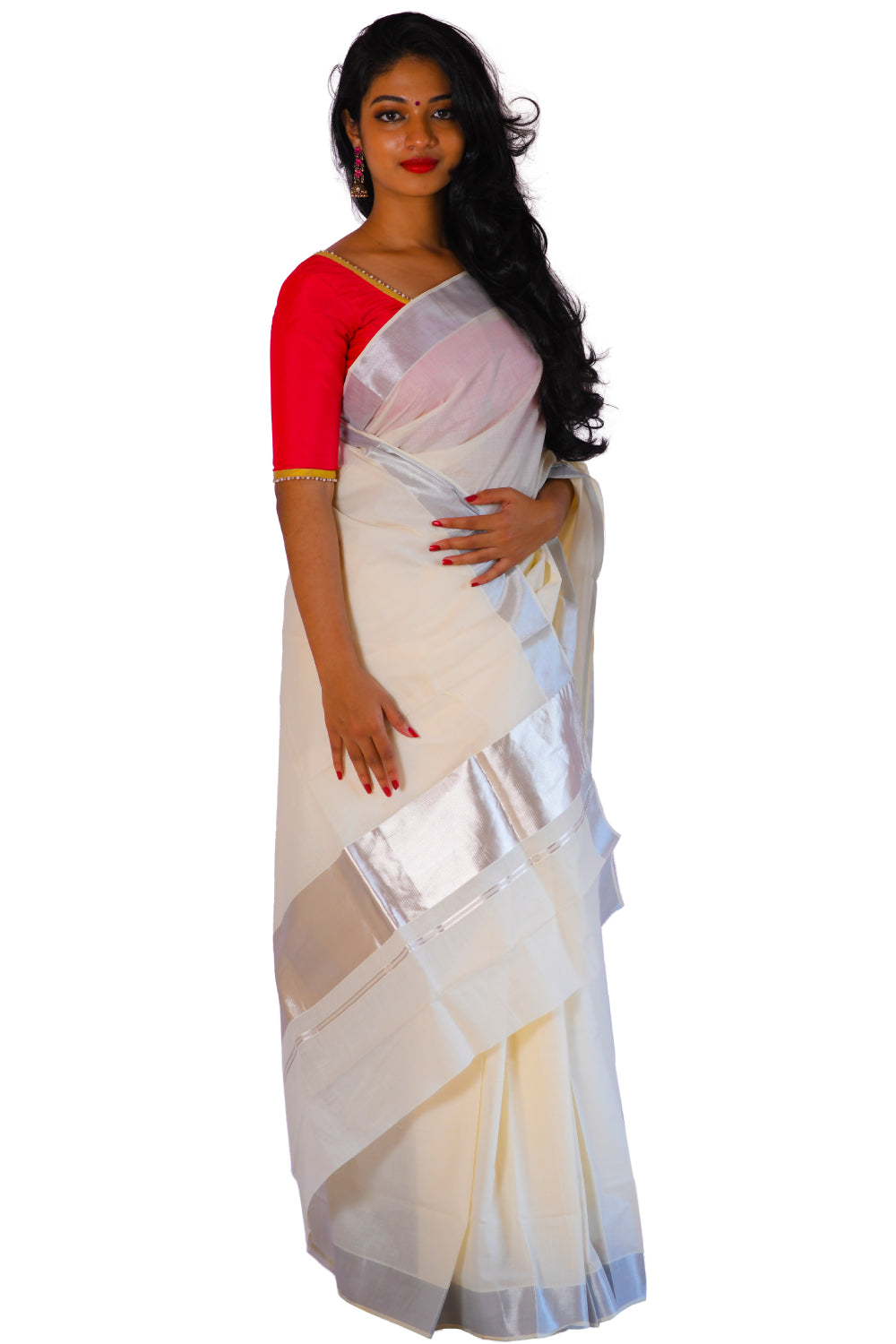 Kerala Plain Cotton Silver Kasavu 5 Inch Saree