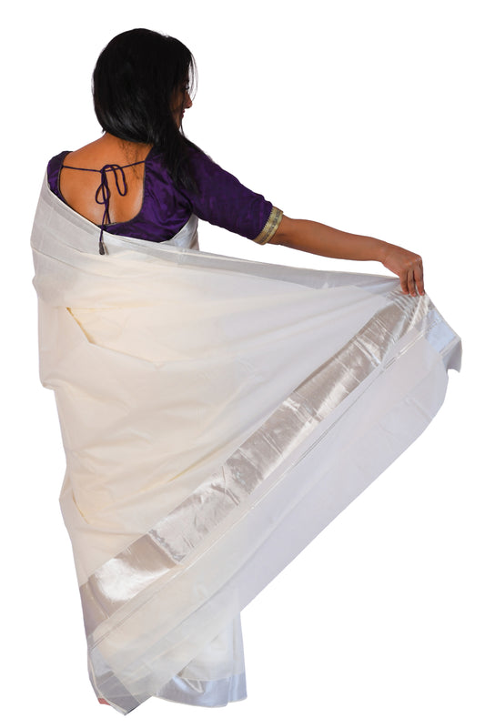 Kerala Plain Cotton Silver Kasavu 3 Inch Saree