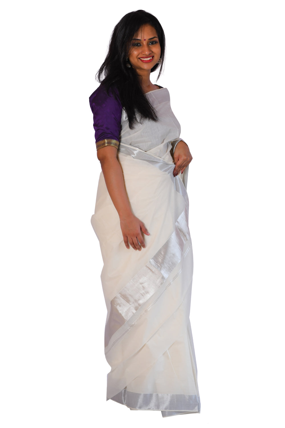 Kerala Plain Cotton Silver Kasavu 3 Inch Saree