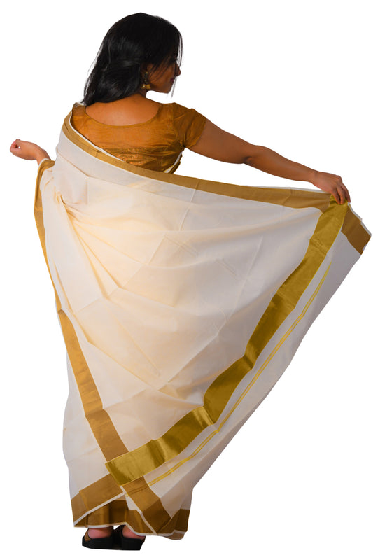 Plain Mixed Fabric Kasavu Saree with 3x2 Border