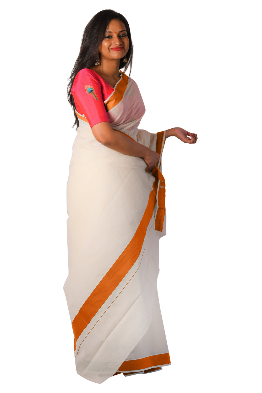 Southloom Pure Cotton Kerala Saree with Plain Dark Orange Border