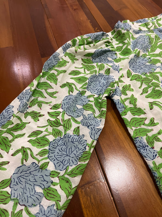 Southloom Jaipur Cotton Green and Blue Floral Hand Block Printed Top (Full Sleeves)