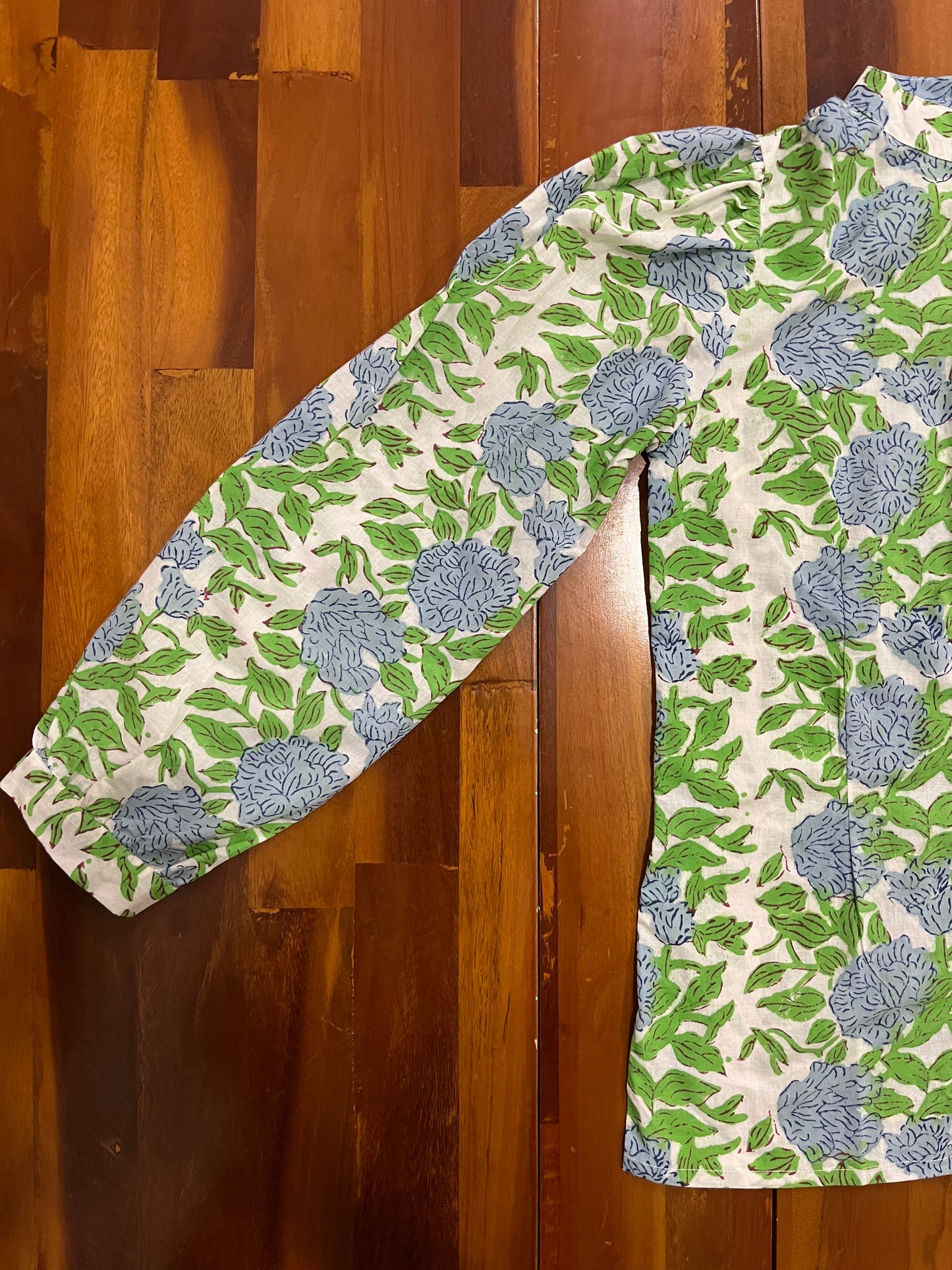 Southloom Jaipur Cotton Green and Blue Floral Hand Block Printed Top (Full Sleeves)