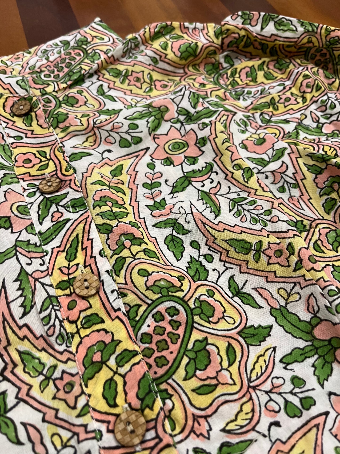 Southloom Jaipur Cotton Green and Yellow Floral Hand Block Printed White Top (Full Sleeves)
