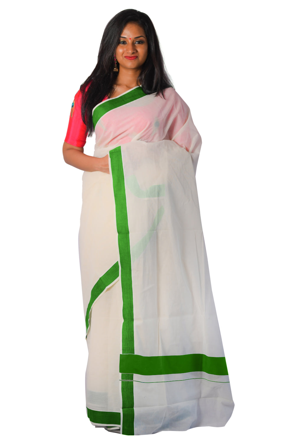 Southloom Pure Cotton Kerala Plain Saree with Green 3x3 Border