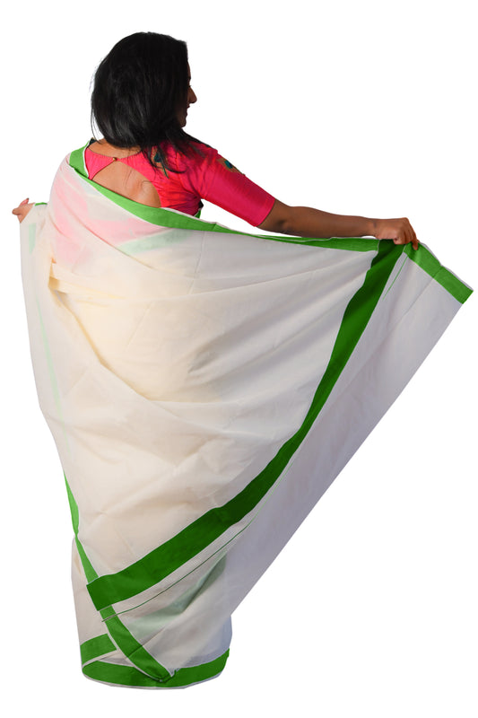 Southloom Pure Cotton Kerala Plain Saree with Green 3x3 Border